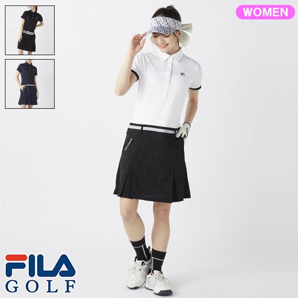 FILA - 【フィラゴルフ】半袖 ポロ ワンピース プリーツ スカート スクエア M 白×黒 FILA GOLF フィラ ゴルフ レディース ワンピース 755404