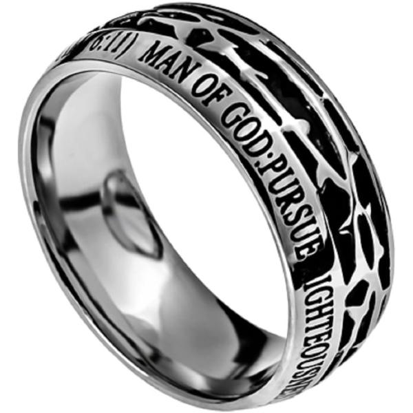【並行輸入品】「Man Of God Crown of Thorns」の聖句が刻印されたステンレススティール製 シルバー＆ブラックリング (1 テモテ