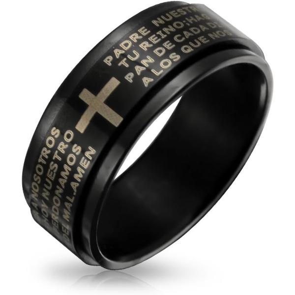 【並行輸入品】[Bling Jewelry] メンズ宗教パドレヌエストロ領主祈り十字ブラックスピナーバンドリング男性用女性用ステンレススチール