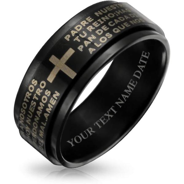 【並行輸入品】Padre Nuestro Lords PrayerスピナーリングブラックステンレススチールBand with彫刻