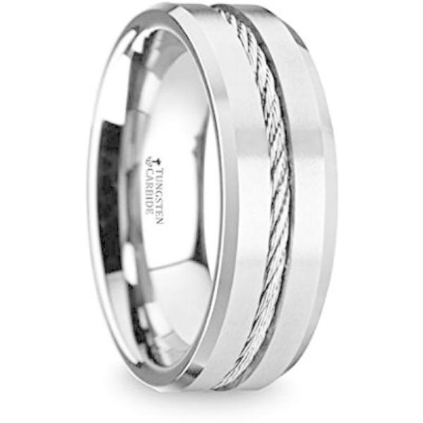 【並行輸入品】Lannisterメンズタングステンフラット結婚式バンドリングwithセンタースチールワイヤケーブルInlay斜めエッジ8 mm幅by