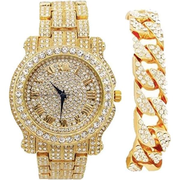 【並行輸入品】bling-ed Out Round高級メンズ腕時計W/bling-edアウトキューバブレスレット l0504b ゴールド/ゴー