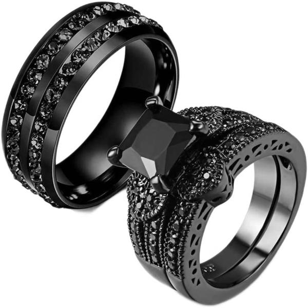 【並行輸入品】Gy Jewelry カップルリング 男女用 ブラックゴールドフィルド キュービックジルコニア メンズ ステンレススチール ブライダルセ