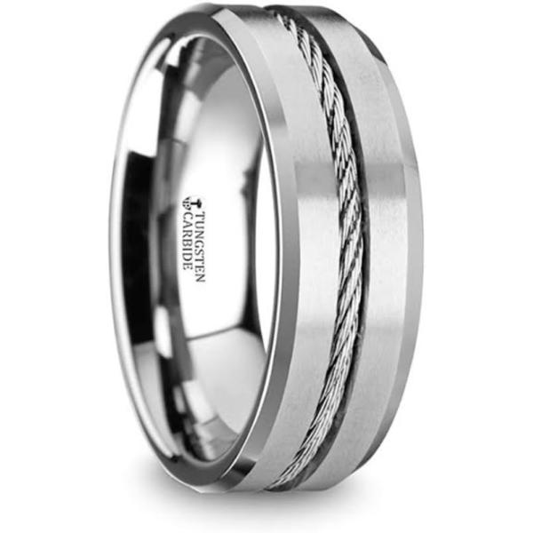 【並行輸入品】Thorsten Lannister メンズ タングステン フラット 結婚指輪 センタースチールワイヤケーブルインレー ベベルエッジ 幅
