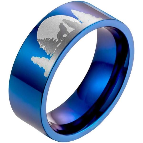 【並行輸入品】HIJONES Men's Stainless Steel 8MM Forest Howling Lone Wolf in The Mo