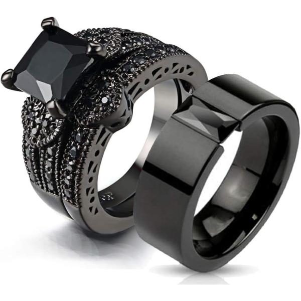 【並行輸入品】Couple Ring Bridal Sets His and Hers Women Black Gold Filled Square
