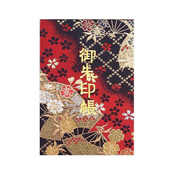 千糸繍院 御朱印帳M【紅扇桜】西陣織 金襴装丁/刺繍文字 蛇腹式48ページ 中判(金色刺繍文字／白色本文)