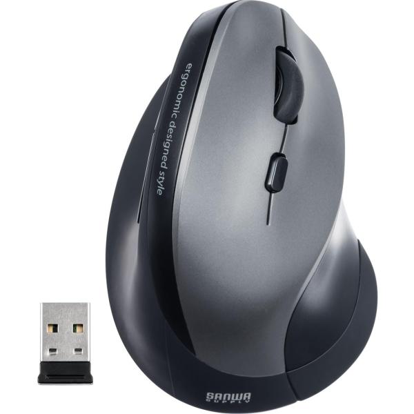 他サイト： サンワダイレクト エルゴノミクスマウス ワイヤレス 腱鞘炎防止 静音 5ボタン ブルーLED シルバー 400-MA092SSの商品画像