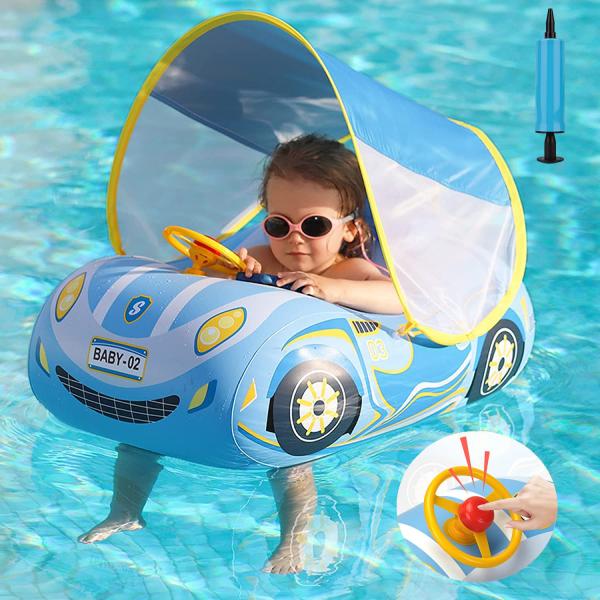 Bekftanm 浮き輪 子供用 足入れ浮き輪 ハンドル付き 可愛いプリント スーパースポーツカー フロート SPF50+ 取り外し可能なサンシェード