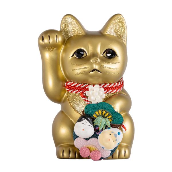 ご縁猫 和楽 おかめ ひょっとこ(M-SIZE 金 Gold）右手あげ/陶器＿lucky cat 招き猫 まねき猫 縁起 風水 置物 賽銭箱(okm_