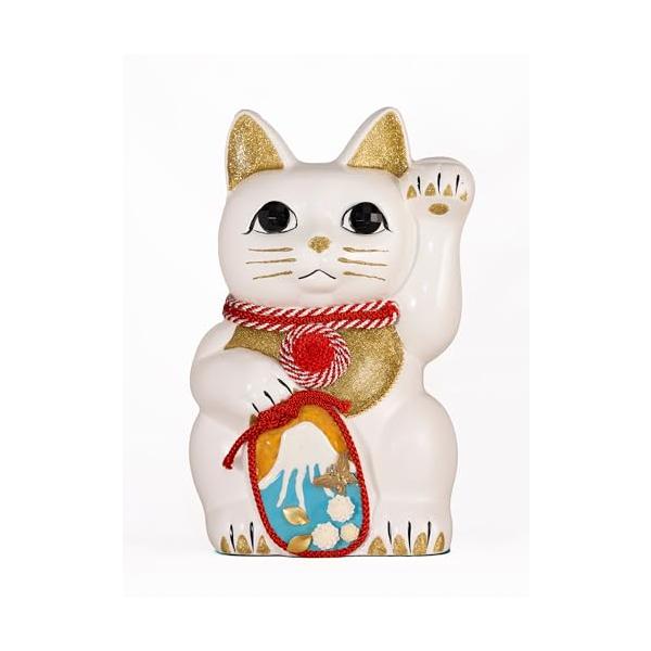 ご縁猫 富士山(L-SIZE 白 White）左手あげ/陶器＿lucky cat 招き猫