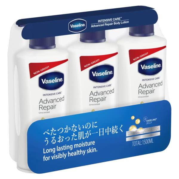 送料無料 ★大容量3本セット★ 無香料ヴァセリン：アドバンスドリペア　ボディーローション500ml×3本　バセリン　ワセリン