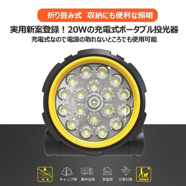 充電式 20W LEDライト 防災 2000LM 強力 携帯型 軽量 スマホに充電 マグネット 屋外 停電対策 防水 収納便利 キャンプ アウトドア 非常時 防災 一年保証 YC-03W