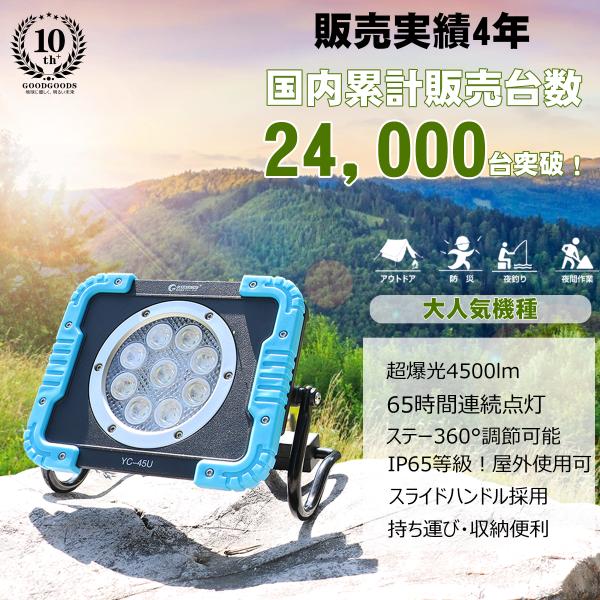 セール 45W 充電式 LED 投光器 4500lm 高輝度 ライト 防水 屋外 夜釣り マグネット 作業灯 夜間作業 集魚灯 夜釣り スタンド 災害対策 防災 一年保証 YC-45U