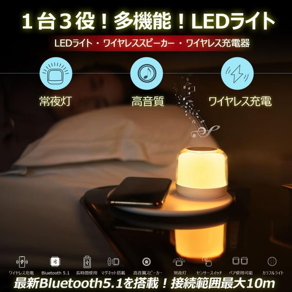 商品名：3in1 LEDライト・スピーカー・ワイヤレス充電器品番：HM-01S定格電圧：5V-2A、9V-2A、12V-1.5Aワイヤレス充電出力効率：5V 5W MAX / 9V 15W MAX / 12V 15W MAXライト効率：1....