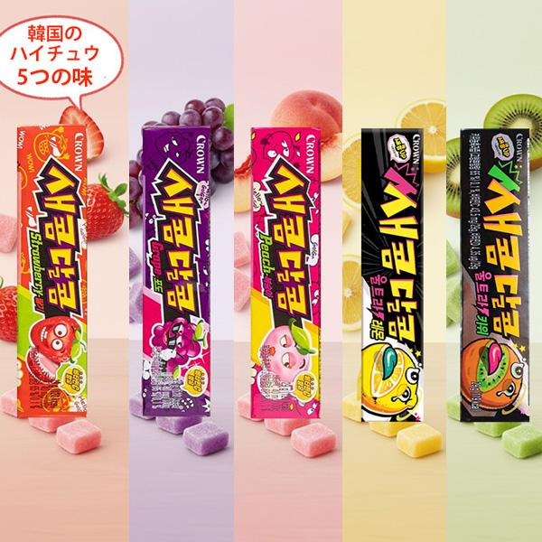 #商品の特徴 : POINT韓国からのお菓子、[CROWN] クラウン セコムダルコムが登場！29gのこの袋には、甘酸っぱいハイチュウの味わいが詰まっています。イチゴ、もも、ブドウ、レモン、キウイの5種類のフレーバーは、ひと口でお口の中を楽...