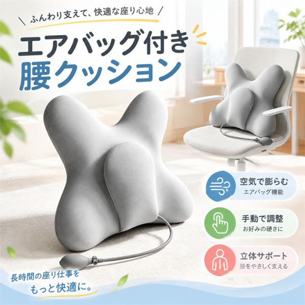 エアバッグ付き 腰サポート クッション 膨張式 空気注入式 ランバーサポート 腰枕 オフィス 椅子 在宅勤務 テレワーク 長時間着座 腰痛対策 背当て