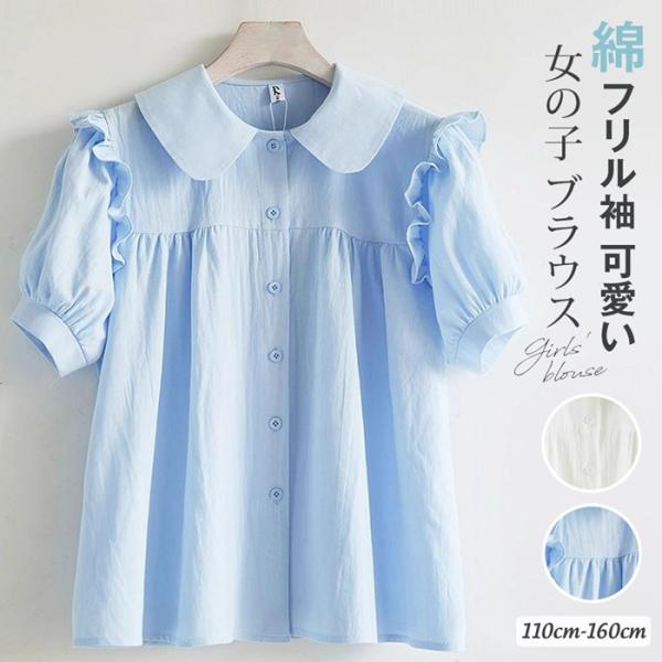 女の子 ブラウス 半袖 子供服 夏 綿 キッズ ジュニア フリル袖 ドールカラー トップス ゆったり 可愛い 無地 通学 お出かけ 普