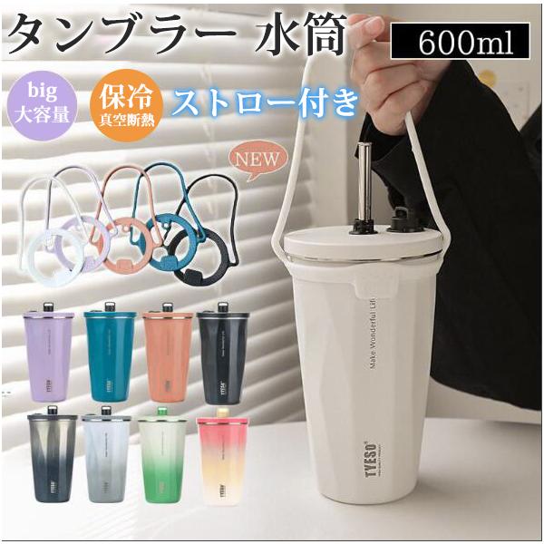タンブラー 水筒 ストロー付き 保温 600ml 蓋付き 大容量 真空断熱 保冷 持ち運び マグボトル 直飲み 夏 二重構造 ステンレス カップ