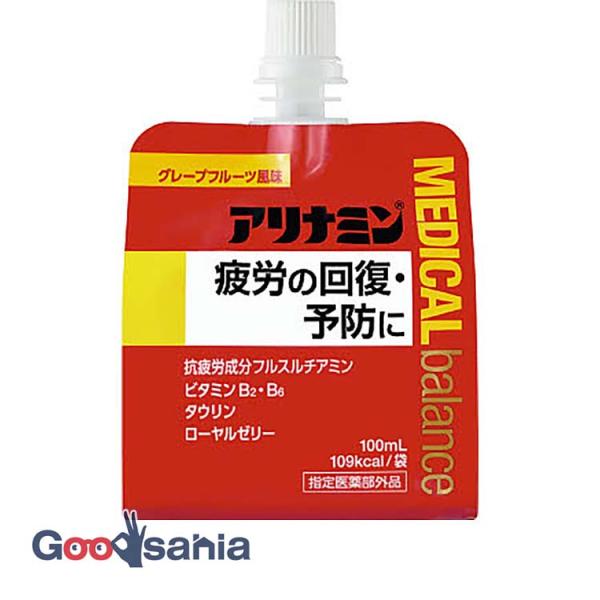 疲労の回復予防の効能を持ったアリナミンのゼリー状飲料※。※流動性のある粘稠なゲル状の液の製剤。吸収にすぐれたビタミンB1誘導体「フルスルチアミン」に加えビタミンB2B6、タウリン、ローヤルゼリーを配合。爽やかなグレープフルーツ風味です。