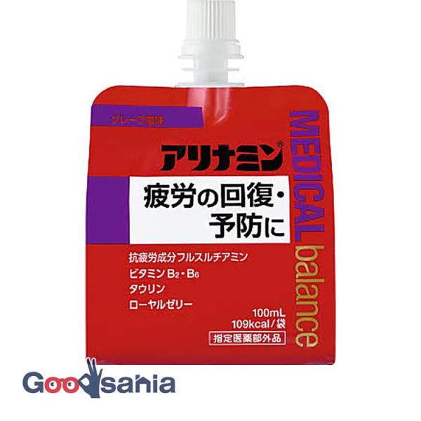 疲労の回復予防の効能を持ったアリナミンのゼリー状飲料※。※流動性のある粘稠なゲル状の液の製剤。吸収にすぐれたビタミンB1誘導体「フルスルチアミン」に加えビタミンB2・B6、タウリン、ローヤルゼリーを配合。飲みやすいグレープ風味です。