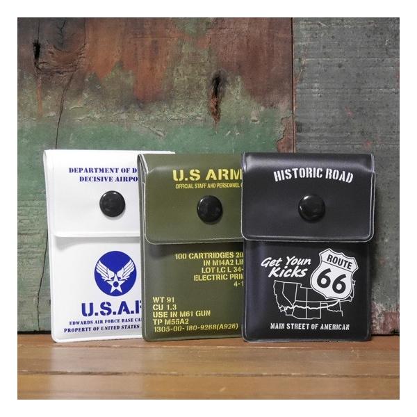 アメリカン雑貨でお馴染みのデザインがカッコいい、シンプルでスマートなハンディサイズの携帯灰皿です。喫煙者必須アイテムの携帯灰皿。デザインは【ROUTE 66】【U.S ARMY】【US AIR FORCE】の３タイプあり、アメリカンなデザイ...