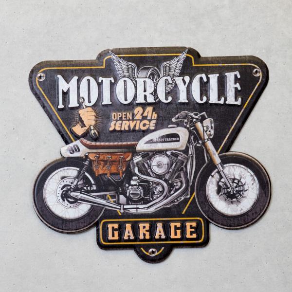 オートバイ アメリカンクラシック エンボスティンプレート MOTORCYCLE GARAGE インテリア ダイカット バイク ブリキ看板