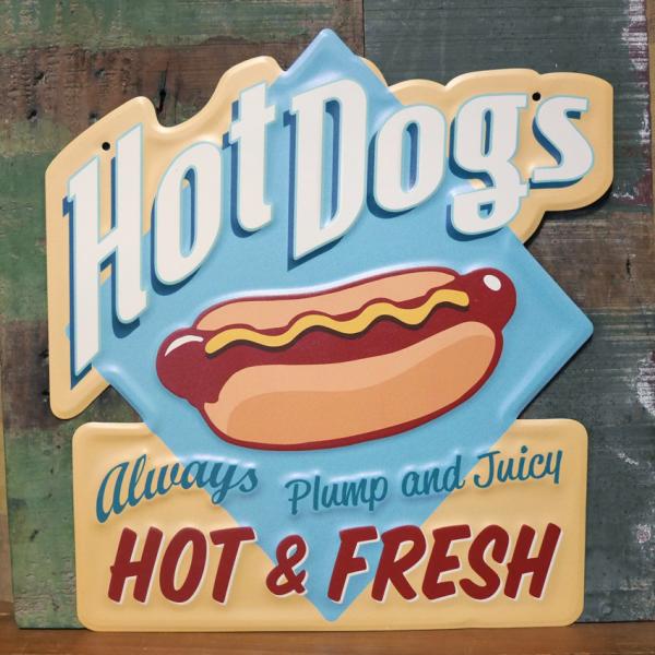 アンティーク エンボスプレート Plump and Juicy Hot Dogs ダイカット ブリキ看板 ホットドッグ インテリア