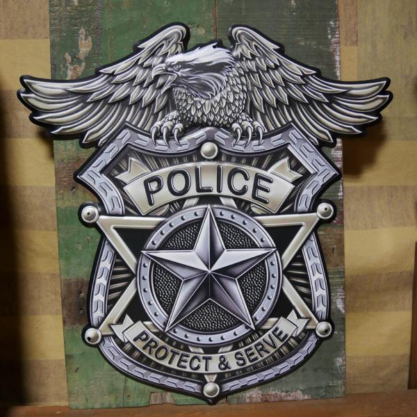 アンティークエンボスプレート POLICE インテリア ブリキ看板 警察 ポリスバッジ アメリカン雑貨