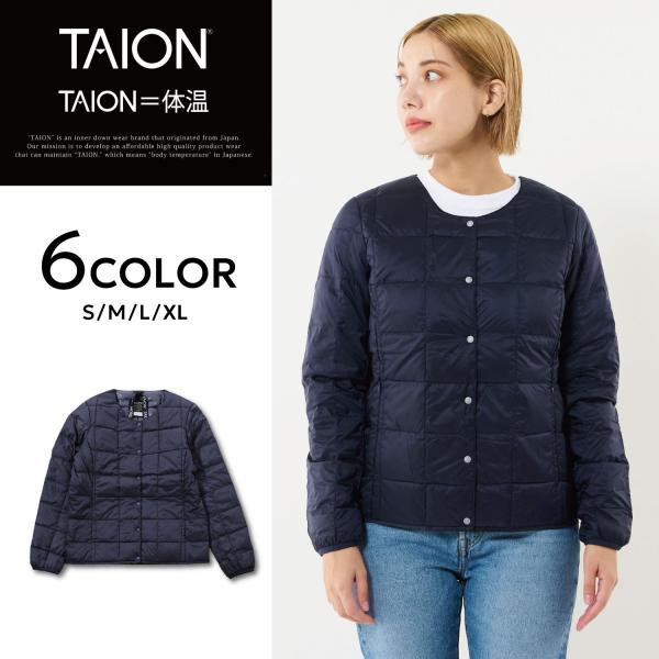 TAION タイオン ダウン ジャケット アウター シティ レディース クルーネック ブラック ホワイト ネイビー ベージュ オリーブ ブラウン 黒 TAION-W104