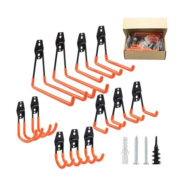 他サイト： ガレージフック、12パックガレージ収納フックとハンガー、頑丈な壁掛けガレージオーガナイザー、はしご、自転車、ホースなどの道具収納 (オレンジ)の商品画像