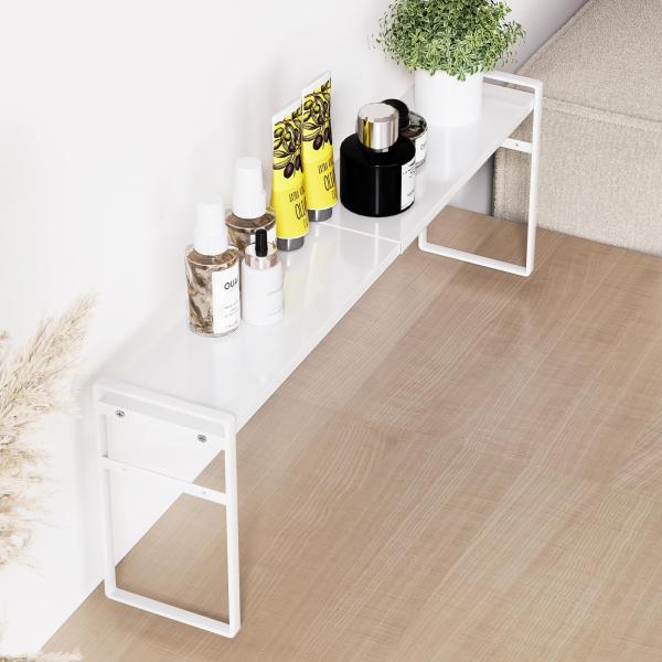 コの字ラック デスク上/キッチン伸縮収納棚 ミニラック 調味料瓶 小物整理台 簡単組立式 省スペース スッキリ収納 (白 幅35-60cm×奥行9cm