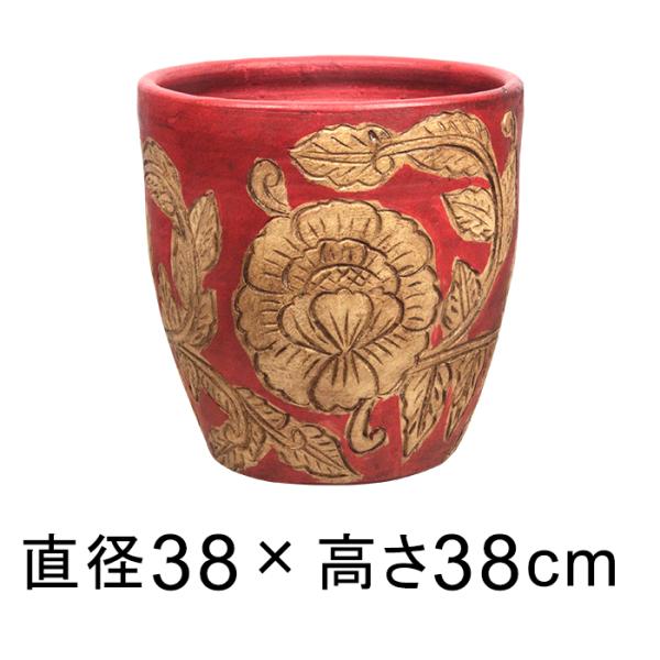 訳あり 花葉柄 丸 深型 おしゃれ 植木鉢 大型 レッド系  L 38cm 28リットル [of20]