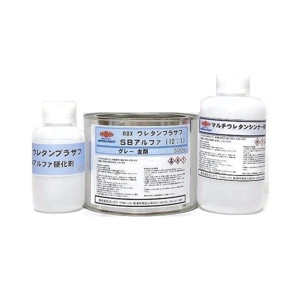 主剤と硬化剤の２液タイプのウレタンプラサフです。シンナーもセットになっている使い切りセットです。乾燥が早く、高い研磨性です。スポット補修に最適です。【同等品】関西ペイント「ＳＵウレタンプラサフ２エコ」、日本ペイント「ウレタンプラサフＳＢアルファ」