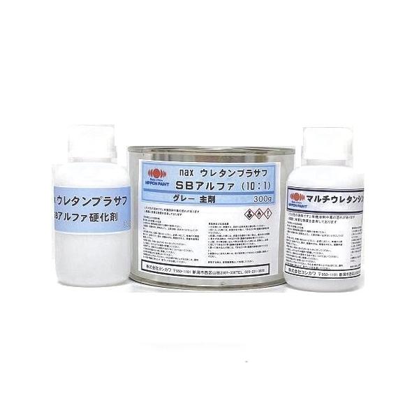 主剤と硬化剤の２液タイプのウレタンプラサフです。シンナーもセットになっている使い切りセットです。乾燥が早く、高い研磨性です。スポット補修に最適です。【同等品】関西ペイント「ＳＵウレタンプラサフ２エコ」、日本ペイント「ウレタンプラサフＳＢアルファ」