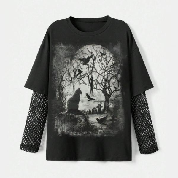 当日発送 即納 ゴシック ダークアカデミア 猫プリント メッシュパッチワーク ルーズTシャツ カットソー トップス レディース 原宿 原宿系 派手 大きい