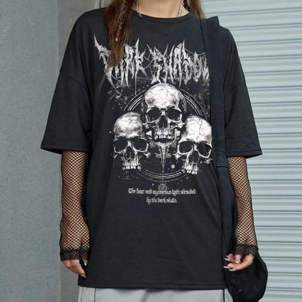 当日発送 即納 パンク ロック ゴシック スカル スローガンプリント ルーズフィット 半袖 Tシャツ トップス 男女兼用 原宿系 ホラー 派手カワ 闇かわ