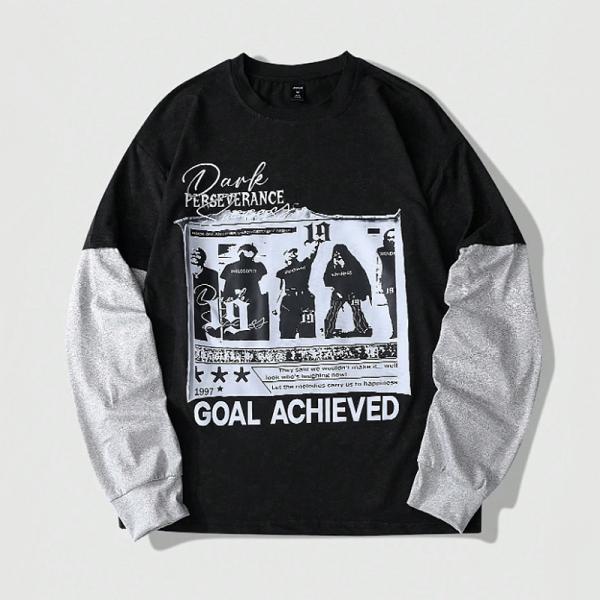 当日発送 即納 パンク ロック カジュアル ストリートスタイル コントラストカラー 長袖 Tシャツ カットソー トップス 男女兼用 原宿系 大きいサイズ