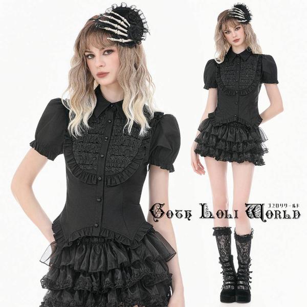 ボディライン　パフスリーブ　ブラウス　ロリータ　ゴシック　フリル　ブラック　M gothic_iw150
