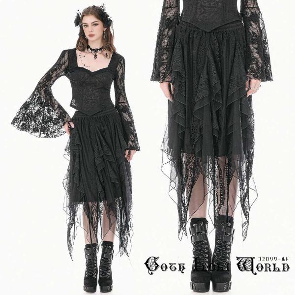 ゴスロリワールド ゴスロリ ロングスカート レディース アシンメトリー イレギュラーヘム シフォン レース シースルー ハイウエスト フレア ゴシック ロリータ