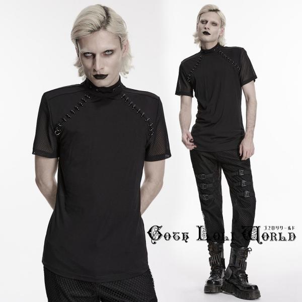 ゴスロリワールド ゴシック Tシャツ メンズ ブラック メッシュスリーブ リングデザイン モックネック 半袖 V系 ヴィジュアル系 パンク ロック サイバー モード
