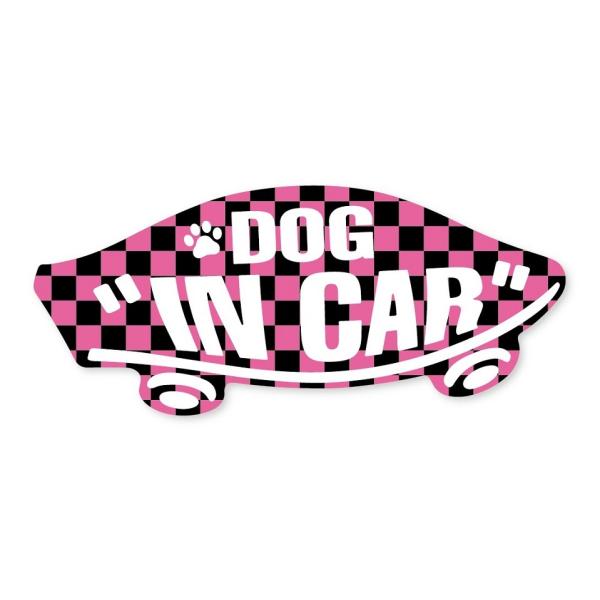 DOG IN CAR ステッカー 黒 × ピンク チェック わんちゃんが乗ってます ドッグインカー ワンちゃん 犬 車 シール VANS風