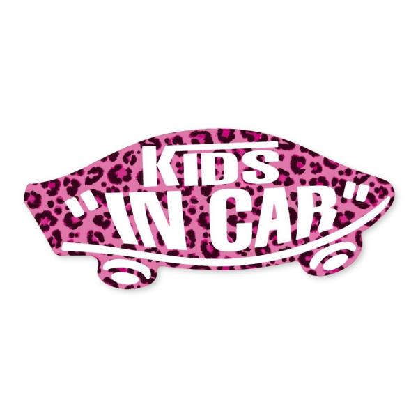 KIDS IN CAR ステッカー ピンク ヒョウ柄 子どもが乗ってます キッズインカー アニマル柄 スケボー 車 シール パロディ VANS風