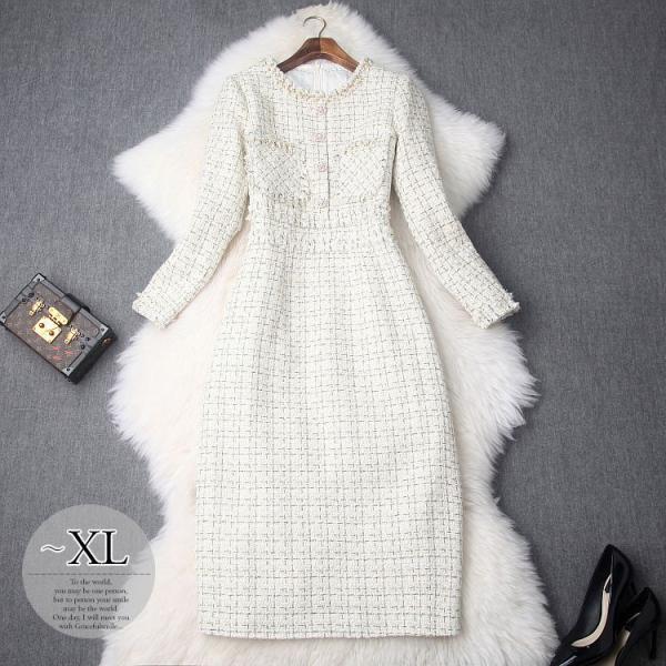 在庫限り特価品 細見え 入学式 ワンピース ラウンドネック パール デザインボタン ツイード セレブスタイル スリット ウエストマーク お出かけファッション お出かけ Cmw18 Fzasf163 良質トップ Ubvvn In