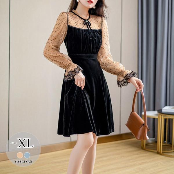 人気オーダー 食事会 透け感 袖口フリル 胸元リボン 定番 女子会 ワンピース リゾート ママ Ekr79 ドット柄 ドッキングワンピ キュート ガーリー ウエストマーク Fzasf191 ネット通販売 Jlt Polinema Org