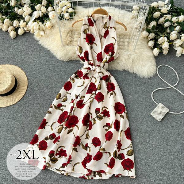ポイント5倍】ワンピース カシュクール フレアワンピ ノースリーブ 花