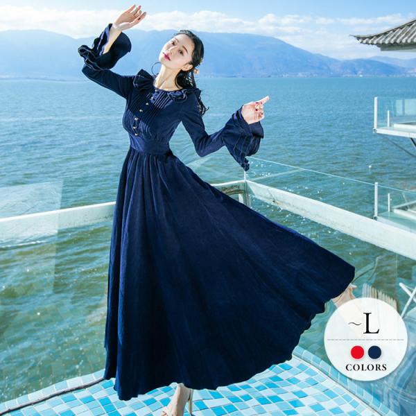 激安 店 飾りボタン 無地 ワンピース ロングワンピース レッド ミセス Rga62 ベーシック ベルスリーブ フリル フェミニン ネイビー クラシカルコーデ ガーリー Nzece 日本在庫あり Afrimarbre Ci