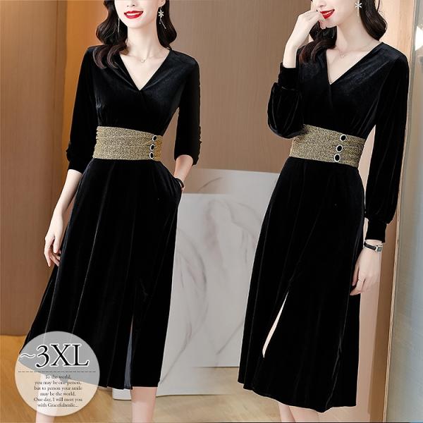 在庫 飾りボタン 食事会 ワンピース リラックス Rgc33 ミディアムワンピ ママ ベロア調 ブラック ビジューボタン パーティー ウエストマーク おしゃれ Vネック Fzasf4494 翌日発送 Europub Co Uk