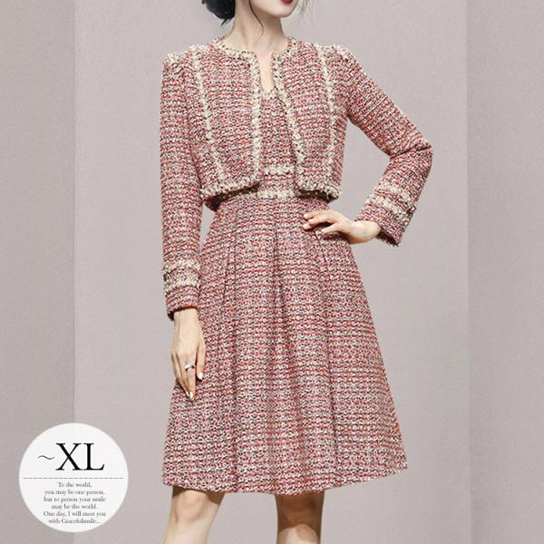 在庫処分半額 長袖 母親 大人スタイル 上品 ワンピーススーツ ワンピース レッド フレア ツィード調 ジャケット エレガント イベント Tht03 お出かけファッション Vネック N1me 人気物 Jlt Polinema Org