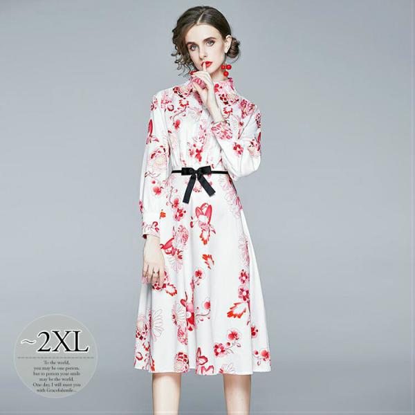 東京銀座オフライン販売 長袖 花柄 美人 総柄プリント 母親 定番 女子旅 女子会 休日 ワンピース ママ ナチュラルコーデ ストリート Wgg24 キレイ目 ウエストリボン かわいい Th1xi 業界最安値挑戦 Jlt Polinema Org